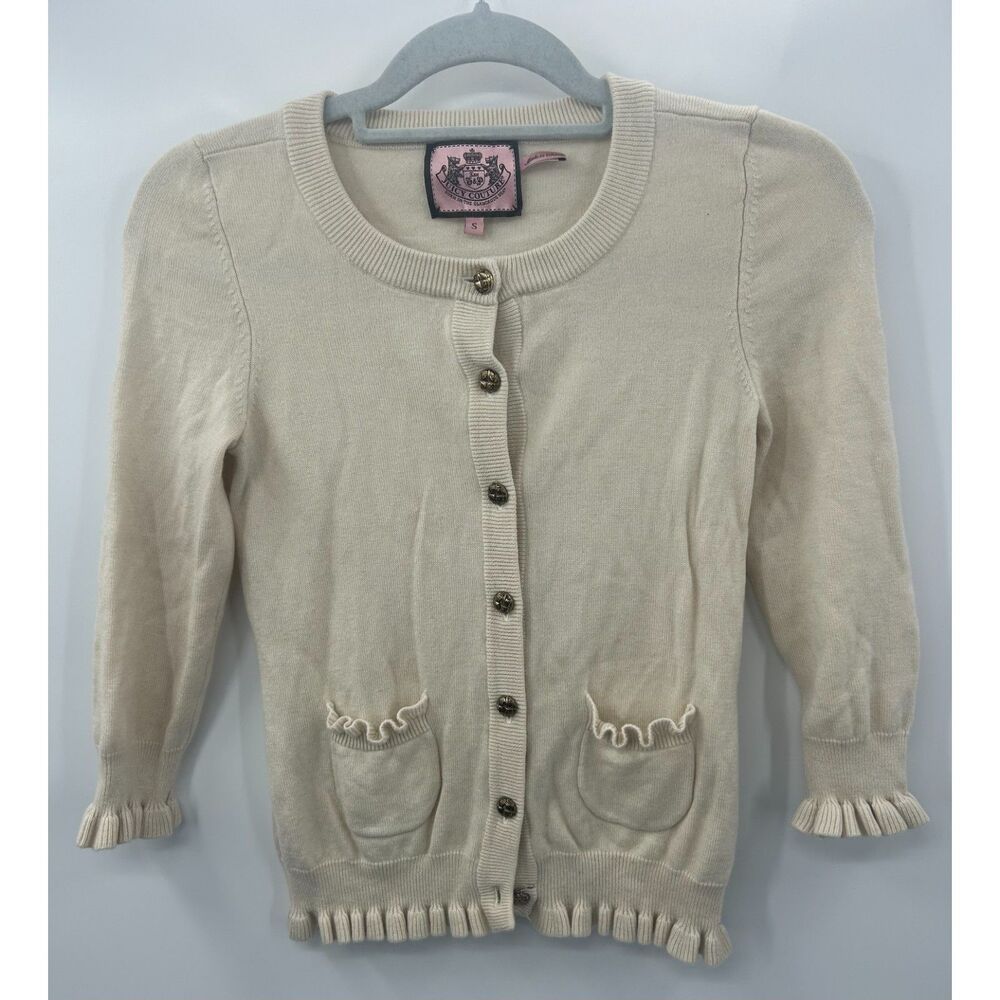 Juicy Couture Y2K Cream Ruffle Coquette Cardigan Sweater S Wool Cashmere Blend